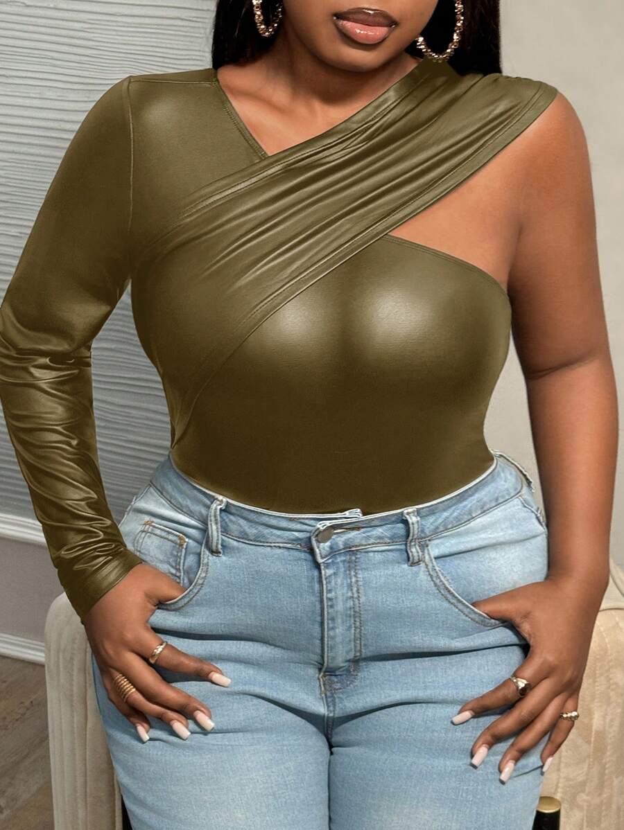 Slaydiva Áo bó vai xếp ly PU gợi cảm & thanh lịch cỡ lớn cho nữ, mùa đông - xanh quân đội - Xem 1