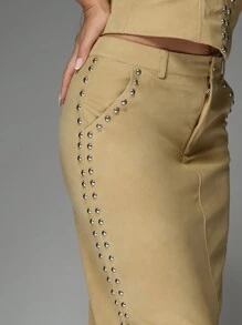 MISSGUIDED Studded Maxi Skirt Western Style High Waisted Long Skirt With Side Pockets Double Row Rivet Detail Floor Length Fall Winter Party Wear - Khaki - View 5