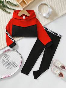 SHEIN 2pcs/Set Young Girl Contrast Color Letter Print Hooded Sweatshirt And Pants - Black - View 1