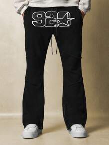 SUMWON Elastic Waist Flared Sweatpants With Logo Print Athletic Pants Wide Leg Ankle Zip Streetwear Athleisure Workout Training Urban Style Casual Comfortable