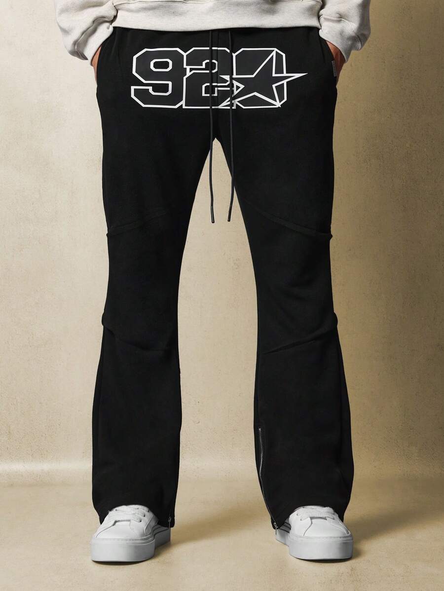 SUMWON Elastic Waist Flared Sweatpants With Logo Print Athletic Pants Wide Leg Ankle Zip Streetwear Athleisure Workout Training Urban Style Casual Comfortable