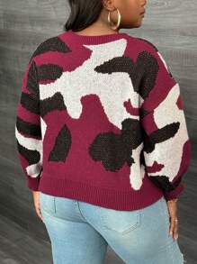 Slaydiva Plus Size Women Casual Military Green Camouflage Pattern Pullover Sweater - Burgundy - View 2
