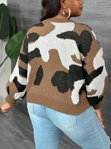 Slaydiva Plus Size Women Camouflage Pattern Pullover Sweater, Casual