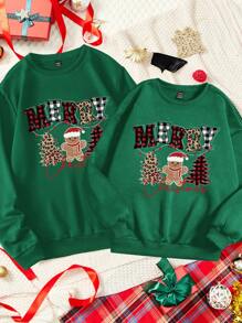 Manfinity Homme Christmas Casual Graphic Print Pullover Sweatshirt For Couples, Green, Loose Fit, Thick Thermal Lined, Standard Size Men - Dark Green - View 1