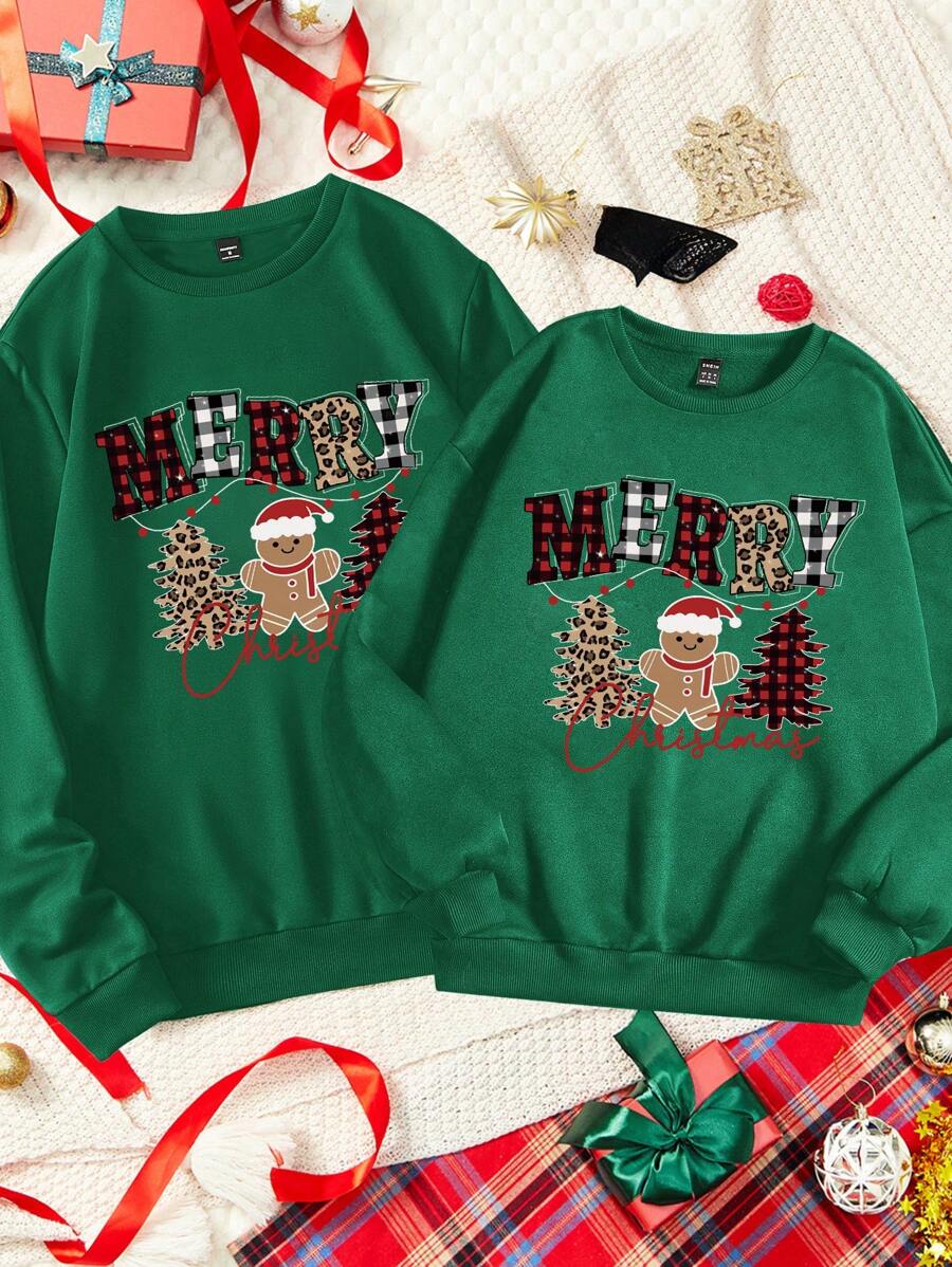 Manfinity Homme Christmas Casual Graphic Print Pullover Sweatshirt For Couples, Green, Loose Fit, Thick Thermal Lined, Standard Size Men - Dark Green - View 1