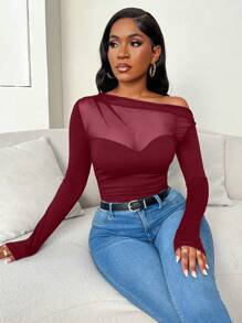 Zolique Women's Autumn Long Sleeve Oblique Shoulder Mesh Spliced Ruched T-Shirt For Spring Fall Cloth For Women - Burgundy - View 5