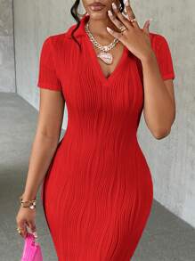 Slaydiva Summer Casual Elegant Simple Basic Model New Lapel V-Neck Short-Sleeved Slim Long Skirt White Wavy Knitted Fabric Women's Dress - Red - View 3