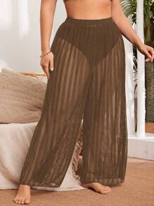 SHEIN Swim Curve Plus Size Solid Color Sheer Elastic Waist Casual Vacation Pants & Cover-Up Summer - Coffee Brown - View 4