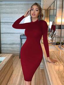 INAWLY Solva Gaun Wanita Polos Kerah Tegak Pas Badan Elegan Lengan Panjang - Burgundy - View 4