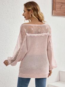 SHEIN 撞色蕾丝船领蝙蝠袖针织套头衫，适合孕妇，冬季