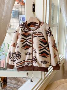 Blossori Young Boys Elegant French Style Khaki Loose Geometric Print Zip Up Jacket, Autumn/Winter - Multicolor - View 1