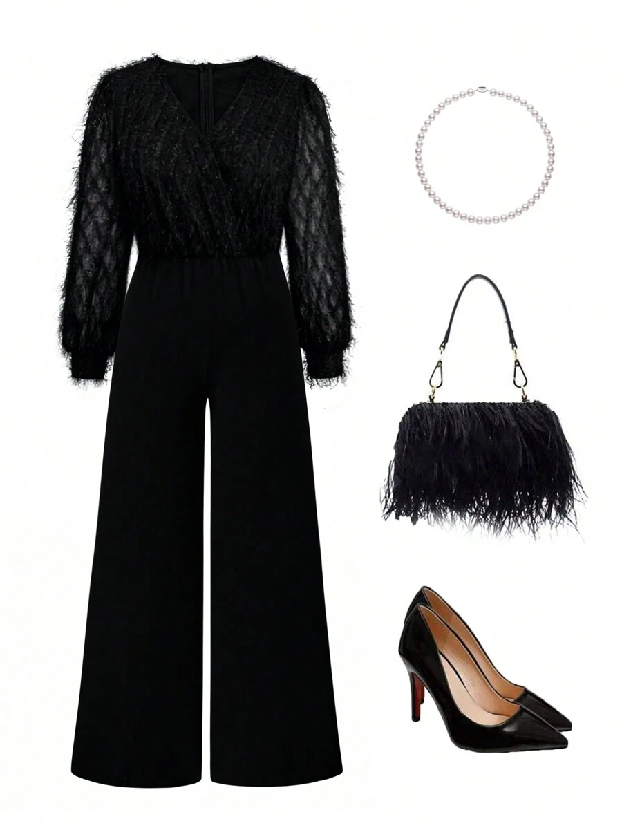 SHEIN Clasi Jumpsuit Kerah Lilit Ukuran Besar, Elegan untuk Pesta - Hitam - View 1