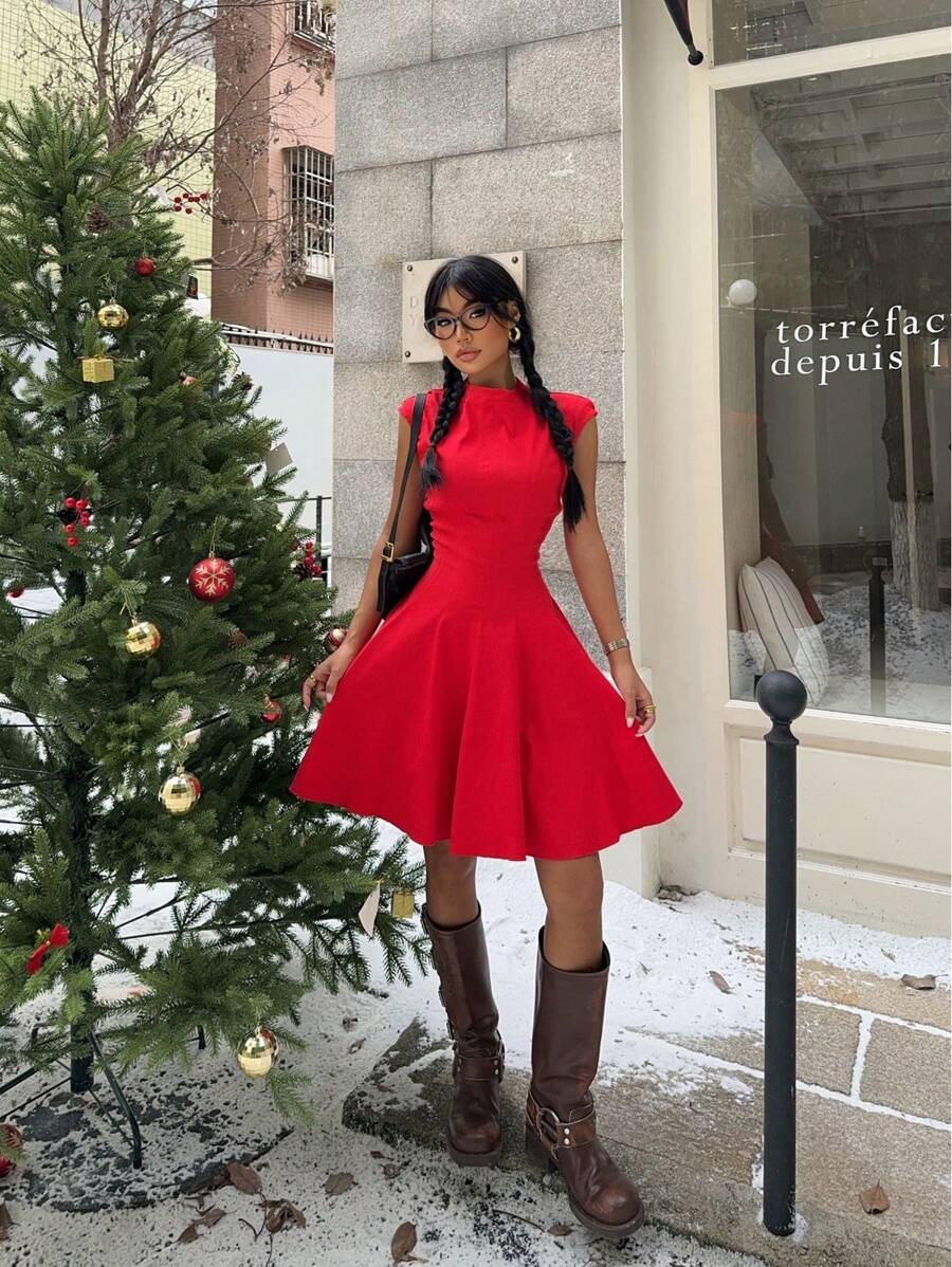 SHEIN EZwear 女士红色迷你连衣裙，休闲时尚服装，适合圣诞节/日常穿着 - 紅色 - 查看 1