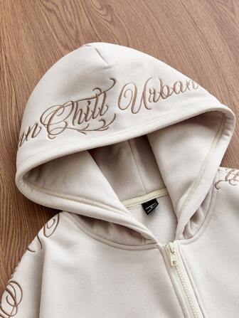 Manfinity Unisex Men's Knitted Casual Loose Fit English Letter Embroidered Long Sleeve Hooded Sweatshirt, Young Style Vintage Hoodie, For Friends, Husband, Boyfriend Gifts, For Fall, Winter, Couple Things