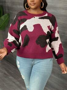 Slaydiva Plus Size Women Casual Military Green Camouflage Pattern Pullover Sweater - Burgundy - View 1