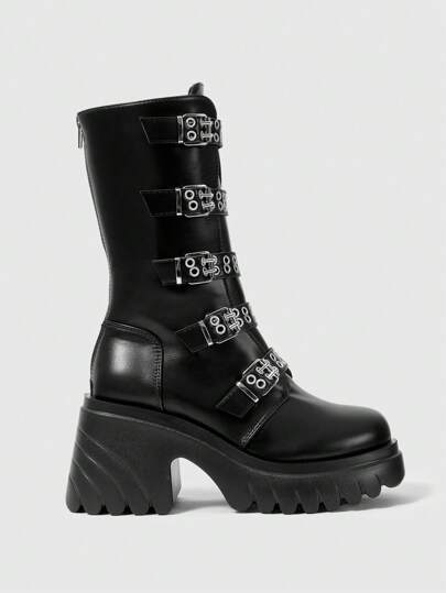 Grunge Punk Botas de plataforma negro estilo europeo y estadounidense, botas góticas con suelas gruesas, hebilla de cinturón, remaches, botas punk rock de caña alta, botas de tacón grueso de media pantorrilla para mujer para Año Nuevo y días festivos