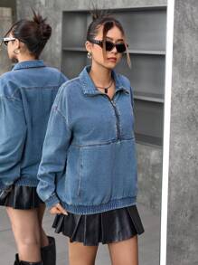 SHEIN Teenage Girls Blue Denim Long Sleeve Top