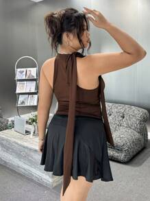 SHEIN ICON Plus Size Casual Solid Ruched Halter Top For Summer - Brown - View 2