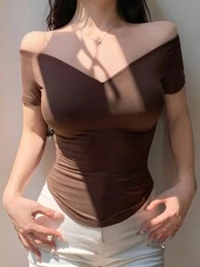 DAZY Women Casual Solid Color V-Neck Short Sleeve T-Shirt Summer,Off Shoulder Top