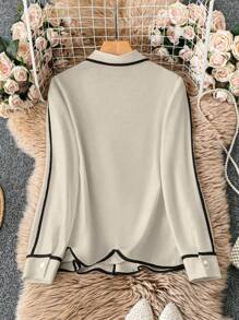 SHEIN Clasi Áo sơ mi sọc tương phản màu trắng tay dài cổ bẻ cài nút phong cách Pháp sang trọng thanh lịch đa năng mùa xuân/thu mới - Màu be - Xem 2