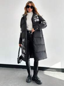 SHEIN PETITE Petite Size Women's Mid-Length Padded Jacket With Letter And Floral Print Two Side Opening Zipper - الأسود - مشاهدة 1