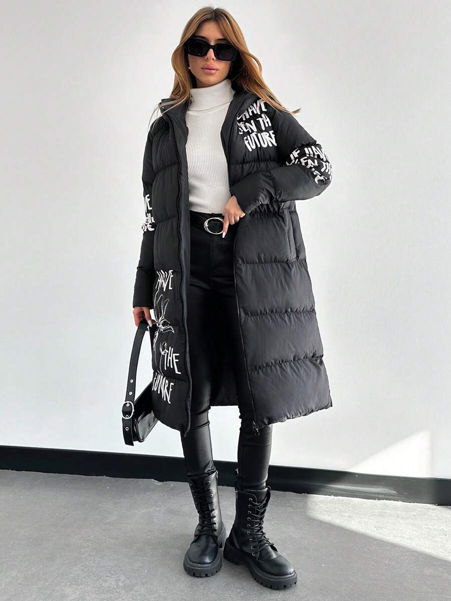 SHEIN PETITE Petite Size Women's Mid-Length Padded Jacket With Letter And Floral Print Two Side Opening Zipper - الأسود - مشاهدة 1