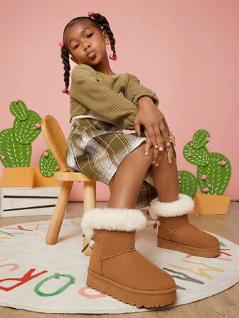 Mini mi Kinderen Fluffy-gevoerde Camel Platform Laarzen Met Strik En Pompon - Gezellig, Speels Ontwerp Perfect Voor Vakantieplezier