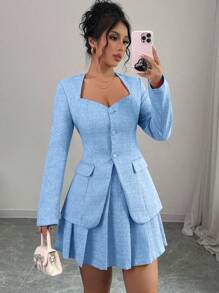 SHEIN Unity 2 件套女士套装 - V 领粉色修身西装外套 + 百褶裙，适合秋季 - 藍色 - 查看 1