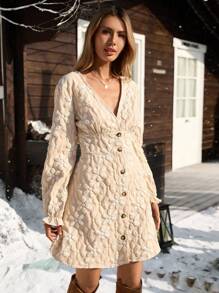 SHEIN VCAY Đầm mini thanh lịch cổ chữ V dài tay, đơn hàng khuy, họa tiết hoa Jacquard dành cho nữ, mùa thu - Màu be - Xem 6