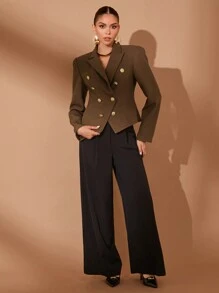 Lumalex Wedding Anniversary Spring Festival Party Season Valentine's Day Double-Breasted Metal Button Lapel Cinched Waist Fitted Women Blazer Jacket - Coffee Brown - View 6