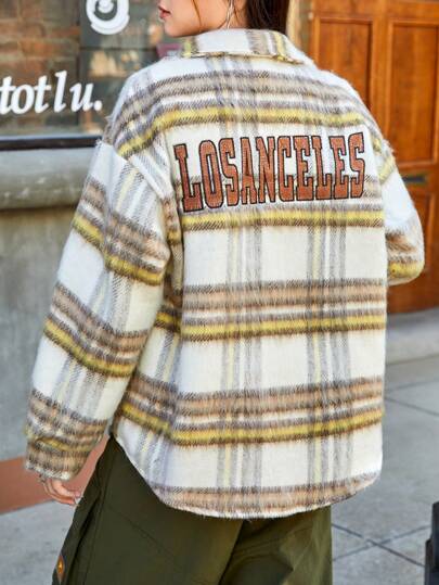 SHEIN Teen Girls Fashion Casual Sports Long Pile Checkered Embroidered Jacket, Street Style College Prep Back To School Season