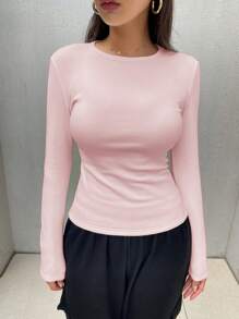 DAZY 女士休闲街头风保暖修身长袖T恤，秋冬季，带保暖内衬 - 粉色 - 查看 5