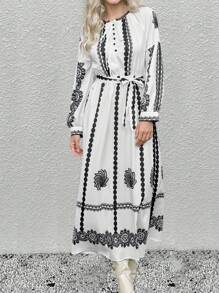 SHEIN LUNE 2024 女式时尚数码全印花花卉装饰领连衣裙长款女装 - 白色 - 查看 5