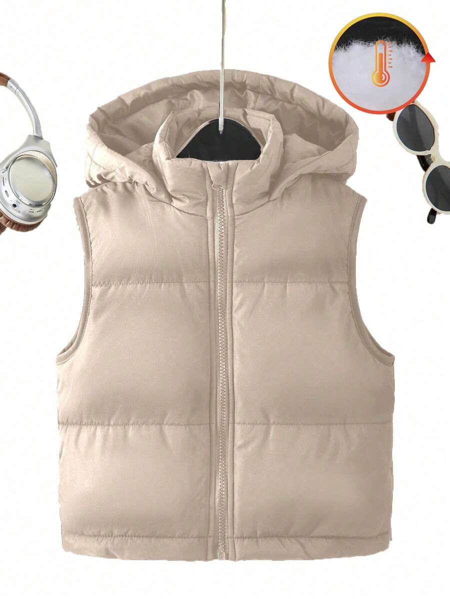 Tween 女童休闲黑色无袖连帽加垫背心，秋冬款 - 卡其色 - 查看 1