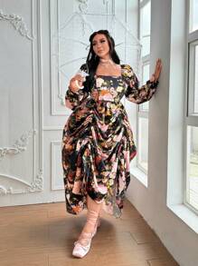 Lyrianda Plus Size Square Collar Floral Oil Painting Print Long Sleeve Drawstring Ruched Vintage Elegant Palace Style Maxi A-Line Dress For Party & Occasion