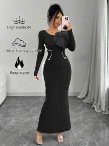 Elenzga 1 chiếc váy dài tay màu trơn cho nữ có họa tiết hoa 3D, trang phục maxi cho nữ - màu đen - Xem 5