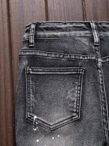 SHEIN Boys Black Ripped Paint Splatter Stretchy Slim Fit Denim Jeans - Light Grey - View 6