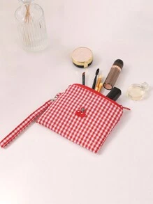 ROMWE Kawaii 1 件樱桃刺绣化妆包，便携式化妆包，格子红色化妆盒化妆包 - 彩色 - 查看 2
