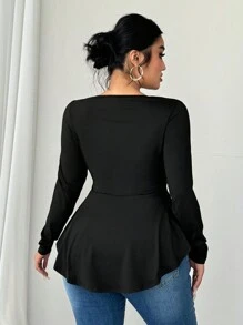 Elenzga Áo thun nữ cỡ lớn tay dài trễ vai dáng chữ A thắt eo, thoải mái, tối giản màu đen, thích hợp cho mùa xuân/thu, kiểu dáng thanh lịch cho công sở và kỳ nghỉ. - màu đen - Xem 4