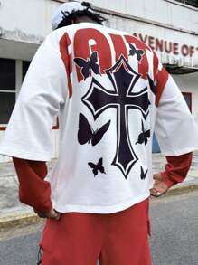 Men's Round Neck Patchwork 2 In 1 Cross & Text Print Hooded Sweatshirt, Street Fashion - Multicolor - View 5