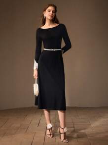 MOTF PREMIUM BOAT NECK CONTRAST GUIPURE LACE FLARE SLEEVE DRESS WITHOUT BELT - Black - View 7