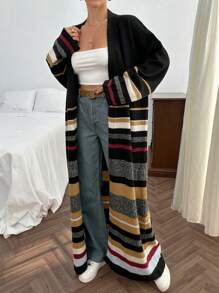 EURMUSE Women Loose Fit Striped Detailed Warm Maxi Long Knit Cardigan - Black - View 5