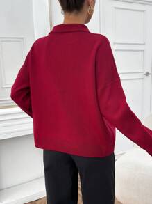 RueChic Women Polo Neck Cool Loose Fit Half Buttoned Sweater - Burgundy - View 2