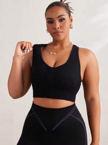 Easithlete Top Esportivo Sólido Elástico e Confortável com Recorte Vazado Nas Costas para Mulheres Plus Size - Preto - Visão 3