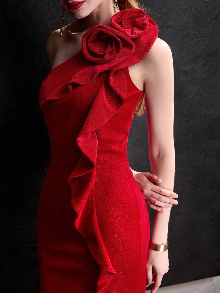 MOTF Soiréza SOLID ONE SHOULDER STEREO FLOWER SLIM FIT COCKTAIL DRESS