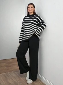 RueChic Women Irregular Stripe Pattern Round Neck Drop Shoulder Pullover & Sweater Pants Set