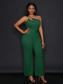 Slaydiva New Elegant Party Daily Date Shoulder Double Spaghetti Straps Bead Metal Decoration Straight Extra Long Pants Jumpsuit-W - Dark Green - View 3