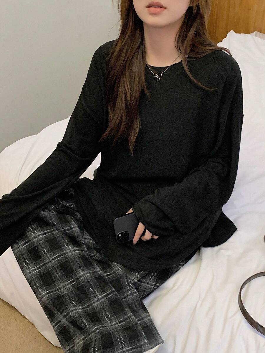 DAZY 女士休闲纯色落肩宽松长袖 T 恤，秋冬 - 黑色 - 查看 1