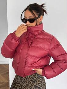 SHEIN EZwear Cappotto imbottito casual con zip frontale a maniche lunghe di colore rosso per l'inverno - Rosso - Visualizzare 5