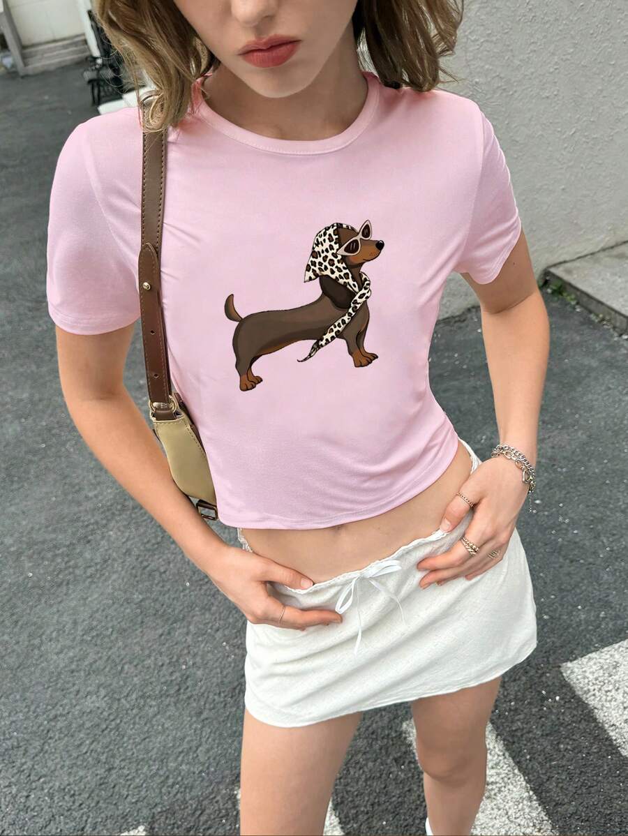 INAWLY 女士休闲狗狗印花圆领短袖 T 恤图案 T 恤女式上衣 - 粉色 - 查看 1